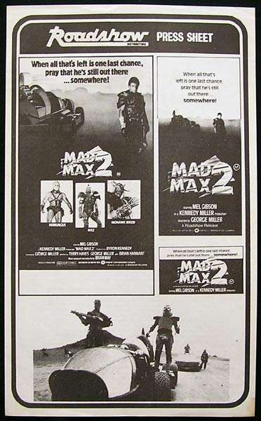 mel gibson mad max 2. 25.00 US, MAD MAX 2 #39;81 Mel Gibson Rare Press Sheet - Mad Max 2 (1981