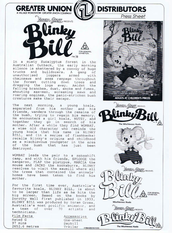BLINKY BILL Rare AUSTRALIAN Movie Press Sheet
