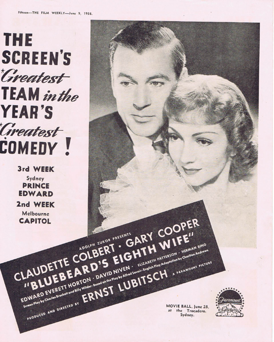 BLUEBEARDS EIGHTH WIFE 1938 Claudette Colbert Gary Cooper Movie Trade Ad
