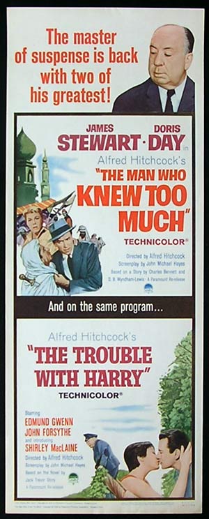 THE MAN WHO KNEW TOO MUCH / TROUBLE WITH HARRY COMBO Movie Poster 63 James Stewart Hitchcock US INSERT