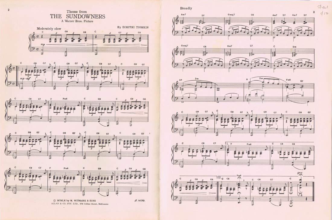 THE SUNDOWNERS Original Sheet Music Robert Mitchum Dimitri Tiomkin
