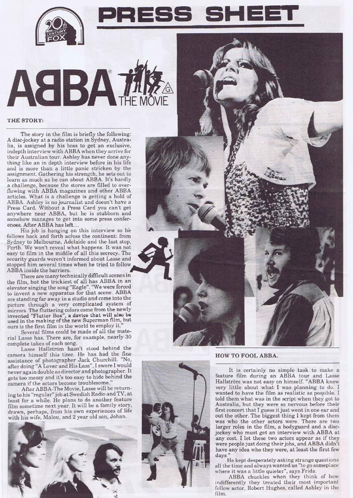 ABBA THE MOVIE Very Rare AUSTRALIAN Movie Press Sheet Australian Tour