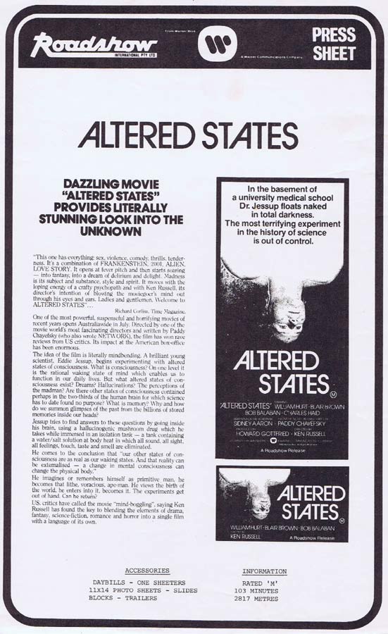 ALTERED STATES Rare AUSTRALIAN Movie Press Sheet William Hurt
