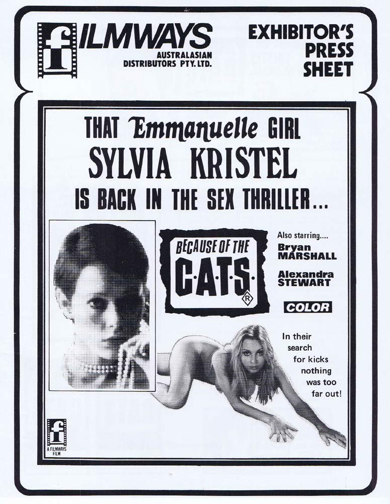 BECAUSE OF THE CATS Rare AUSTRALIAN Movie Press Sheet Sylvia Kristel