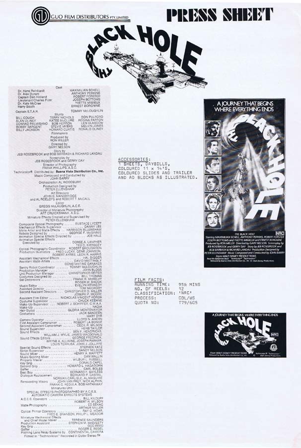 THE BLACK HOLE Rare AUSTRALIAN Movie Press Sheet Maximilian Schell