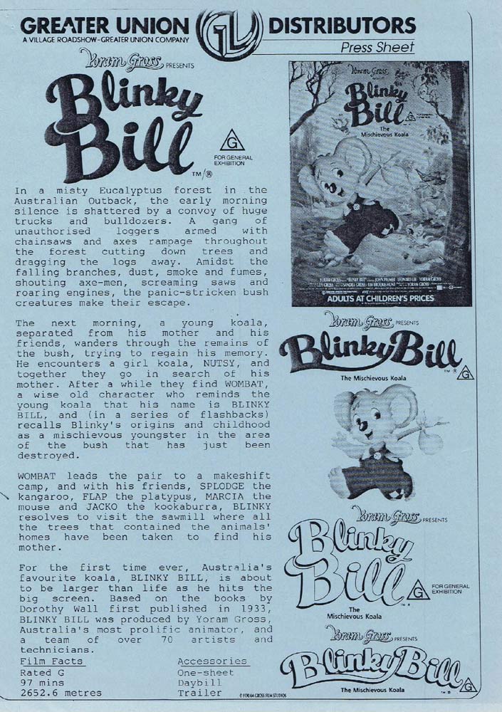 BLINKY BILL Rare AUSTRALIAN Movie Press Sheet Robyn Moore Keith Scott
