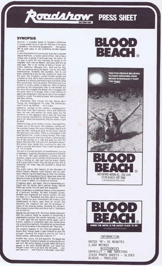 BLOOD BEACH Rare AUSTRALIAN Movie Press Sheet Horror David Huffman