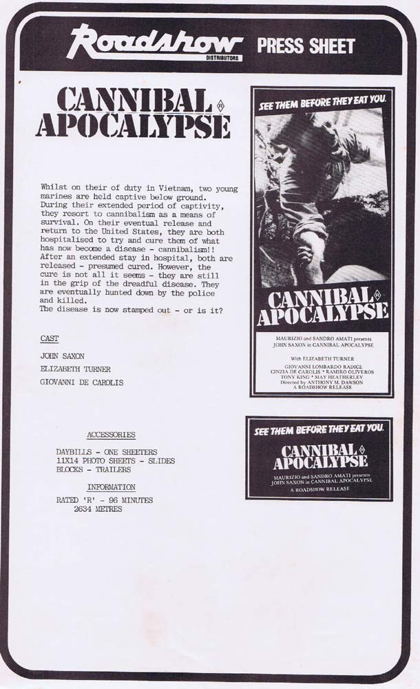CANNIBAL APOCALYPSE Rare AUSTRALIAN Movie Press Sheet John Saxon Horror