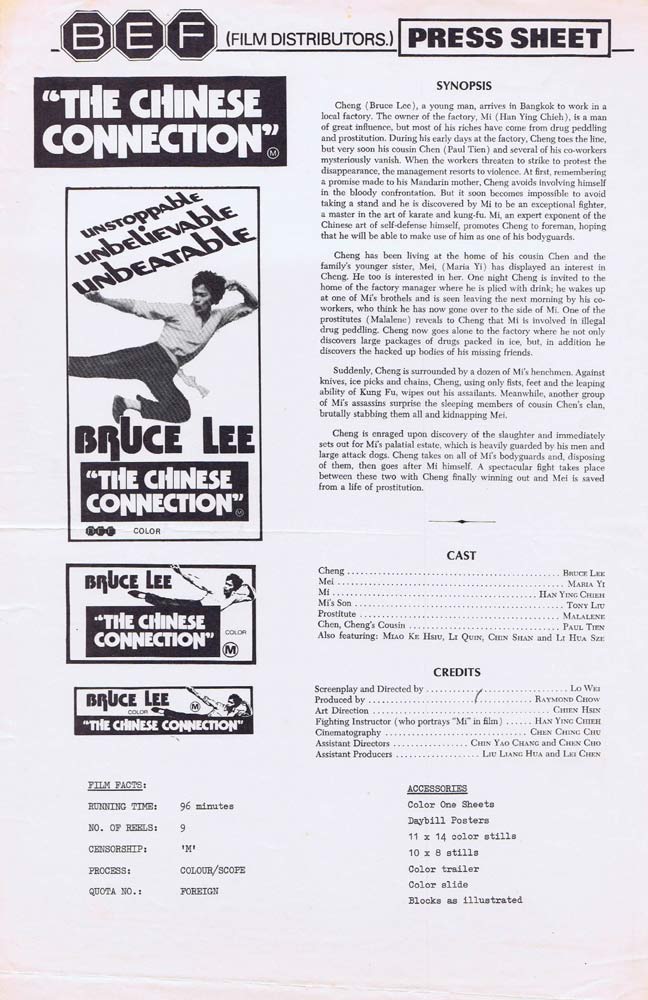 THE CHINESE CONNECTION Rare AUSTRALIAN Movie Press Sheet Bruce Lee Kung Fu
