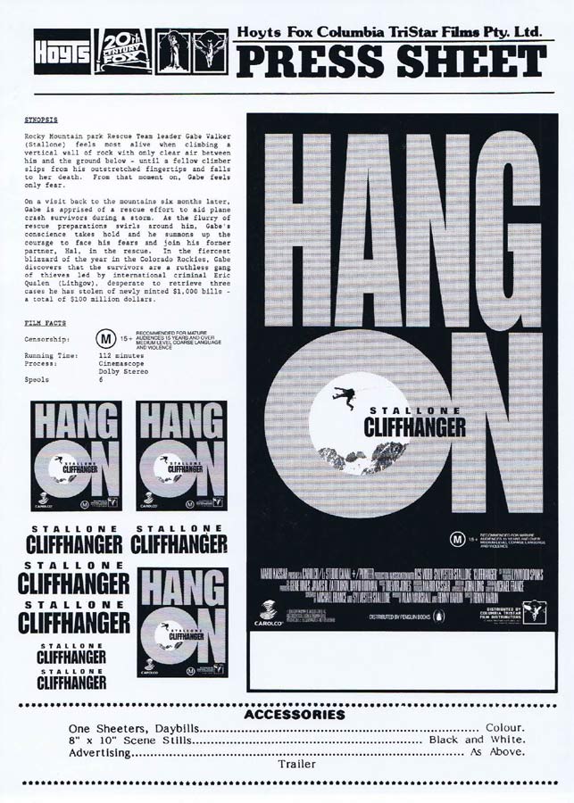 CLIFFHANGER Rare AUSTRALIAN Movie Press Sheet Sylvester Stallone