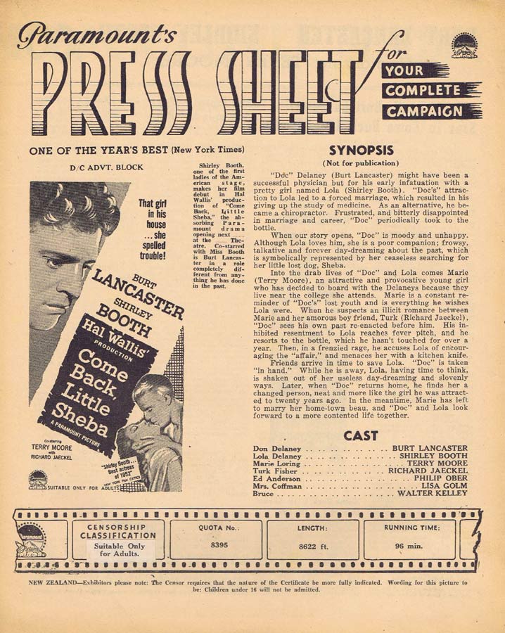 COME BACK LITTLE SHEBA Rare AUSTRALIAN Movie Press Sheet Burt Lancaster