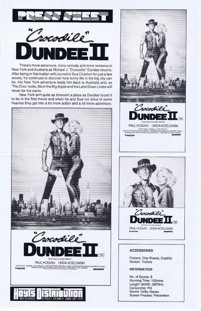 CROCODILE DUNDEE II Rare AUSTRALIAN Movie Press Sheet Paul Hogan Linda Kozlowski