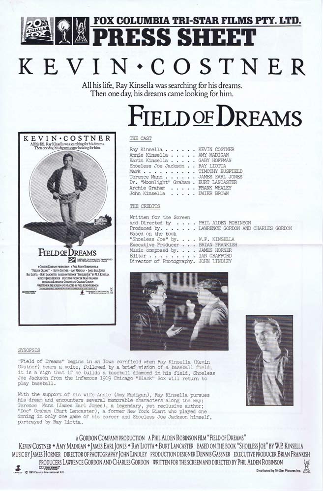 FIELD OF DREAMS Rare AUSTRALIAN Movie Press Sheet Kevin Costner