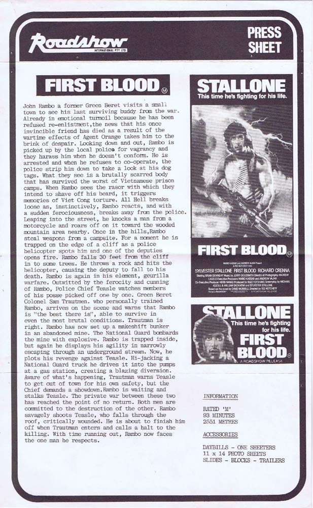 FIRST BLOOD Rambo Rare AUSTRALIAN Movie Press Sheet Sylvester Stallone Richard Crenna