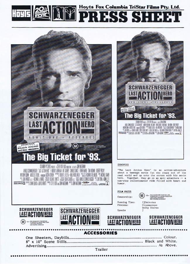 LAST ACTION HERO Rare AUSTRALIAN Movie Press Sheet Arnold Schwarzenegger