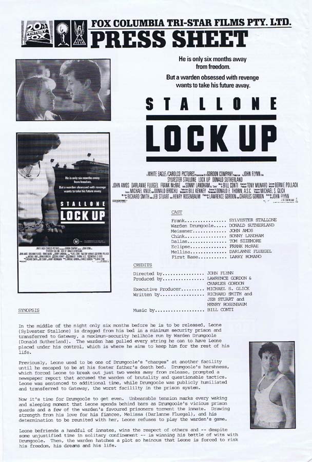 LOCK UP Rare AUSTRALIAN Movie Press Sheet Sylvester Stallone