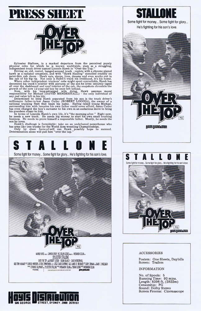 OVER THE TOP Rare AUSTRALIAN Movie Press Sheet Sylvester Stallone