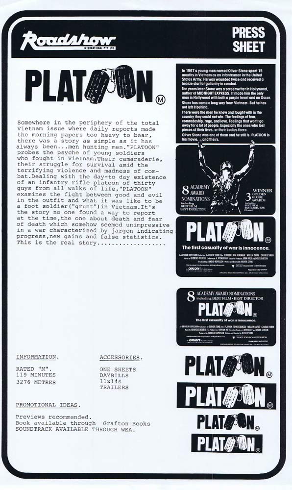 PLATOON Rare AUSTRALIAN Movie Press Sheet Tom Berenger Willem Dafoe