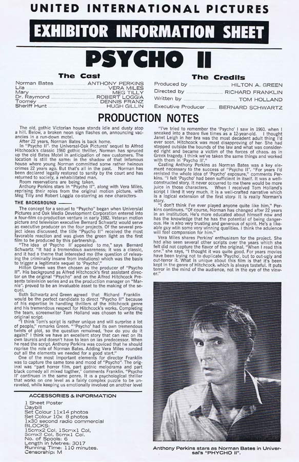 PSYCHO II Rare AUSTRALIAN Movie Press Sheet Anthony Perkins Vera Miles