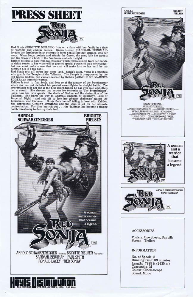 RED SONJA Rare AUSTRALIAN Movie Press Sheet Arnold Schwarzenegger