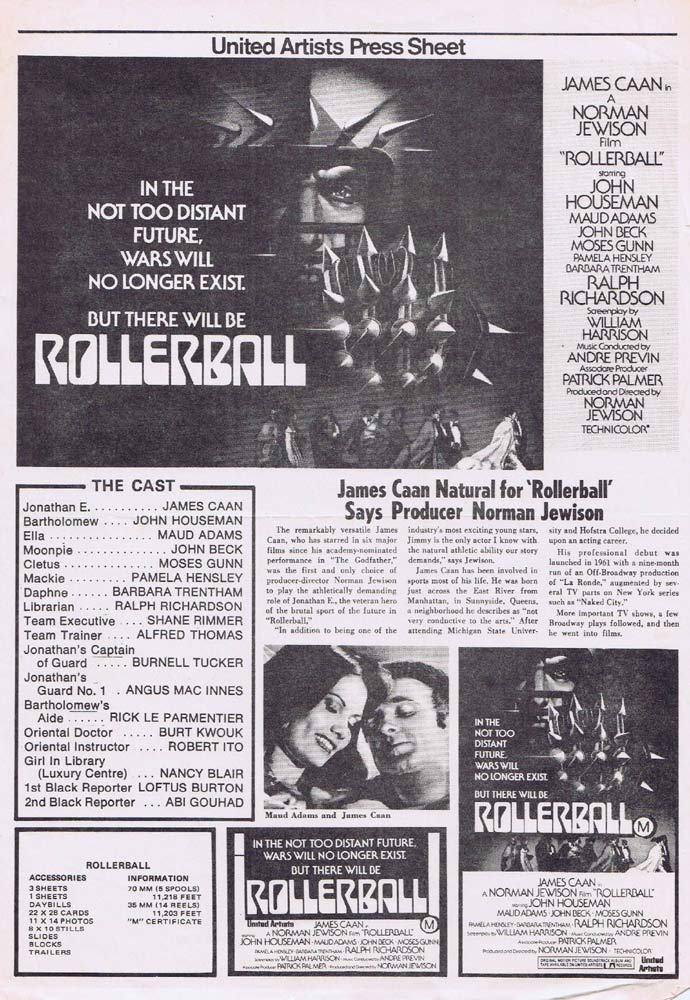 ROLLERBALL Rare AUSTRALIAN Movie Press Sheet James Caan John Houseman