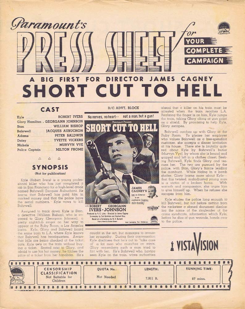SHORT CUT TO HELL Rare AUSTRALIAN Movie Press Sheet Robert Ivers Film Noir