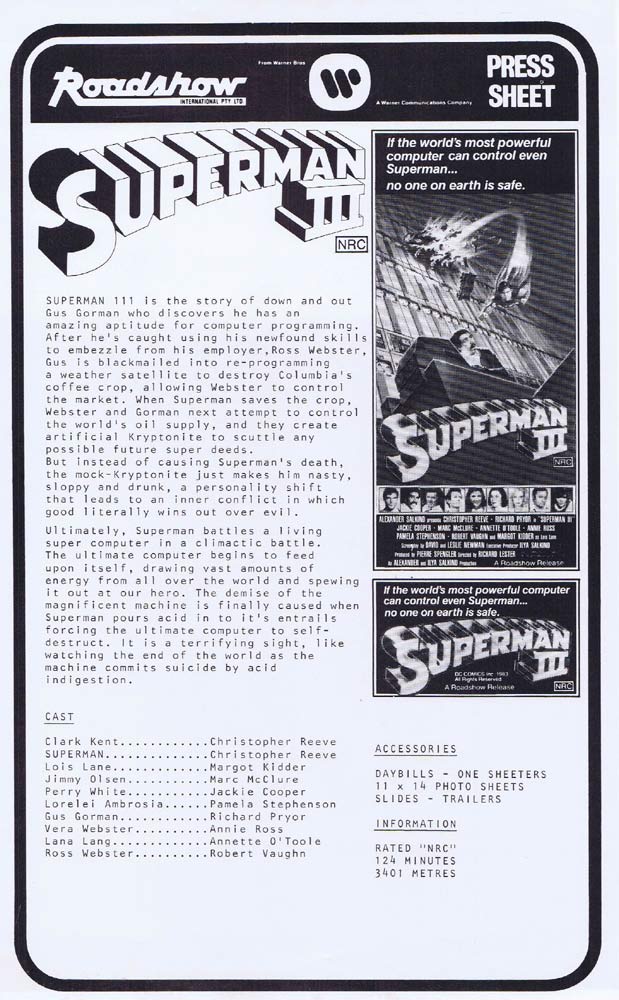 SUPERMAN III Rare AUSTRALIAN Movie Press Sheet Christopher Reeve