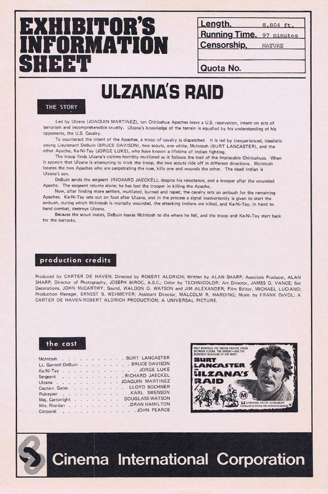 ULZANAS RAID Rare AUSTRALIAN Movie Press Sheet Burt Lancaster