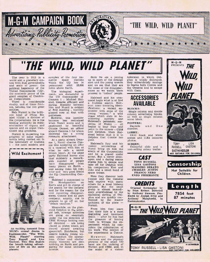 THE WILD WILD PLANET Rare AUSTRALIAN Movie Press Sheet Tony Russel Sci Fi