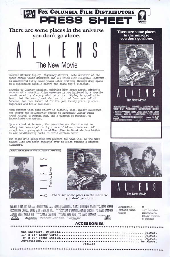 ALIENS Rare AUSTRALIAN Movie Press Sheet Sigourney Weaver