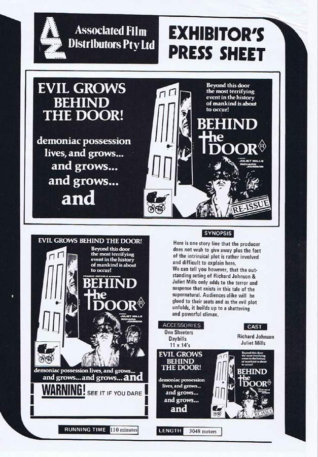 BEHIND THE DOOR Rare AUSTRALIAN Movie Press Sheet Juliet Mills