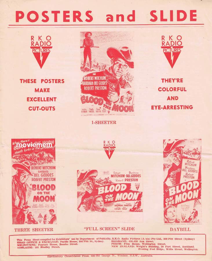 BLOOD ON THE MOON Rare RKO AUSTRALIAN Movie Press Sheet