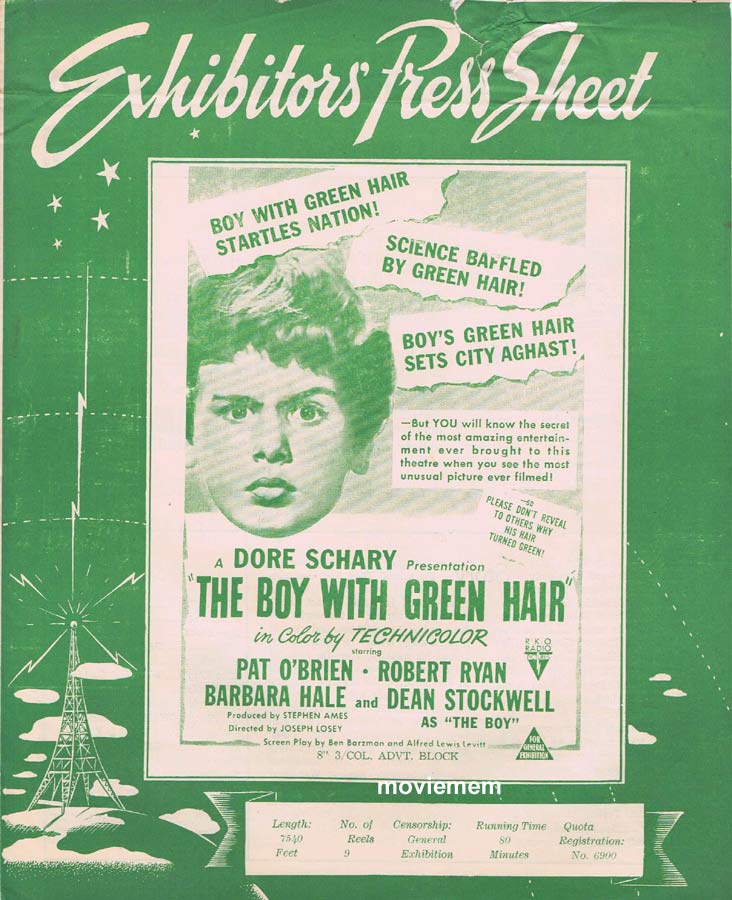 THE BOY WITH GREEN HAIR Rare RKO AUSTRALIAN Movie Press Sheet