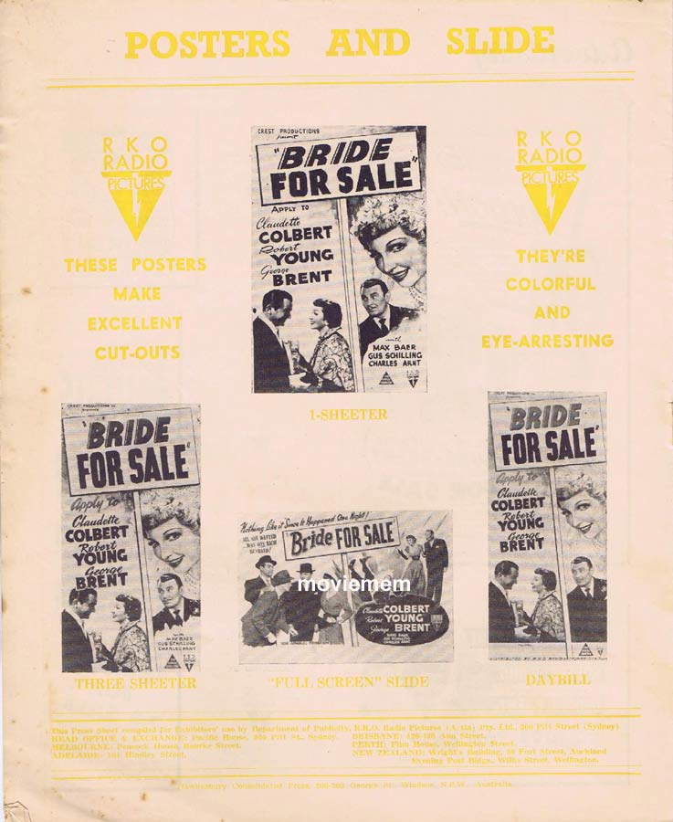 BRIDE FOR SALE Rare RKO AUSTRALIAN Movie Press Sheet