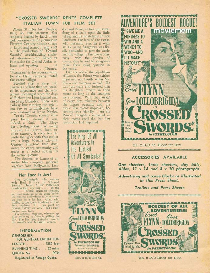 CROSSED SWORDS Rare United Artists AUSTRALIAN Movie Press Sheet Errol Flynn