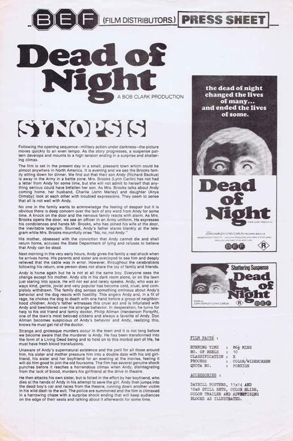 DEAD OF NIGHT Rare AUSTRALIAN Movie Press Sheet Ed Begley Jr