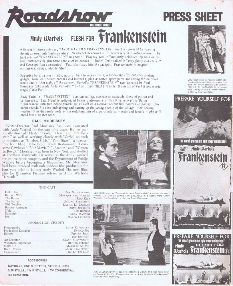 FLESH FOR FRANKENSTEIN Rare AUSTRALIAN Movie Press Sheet Andy Warhol