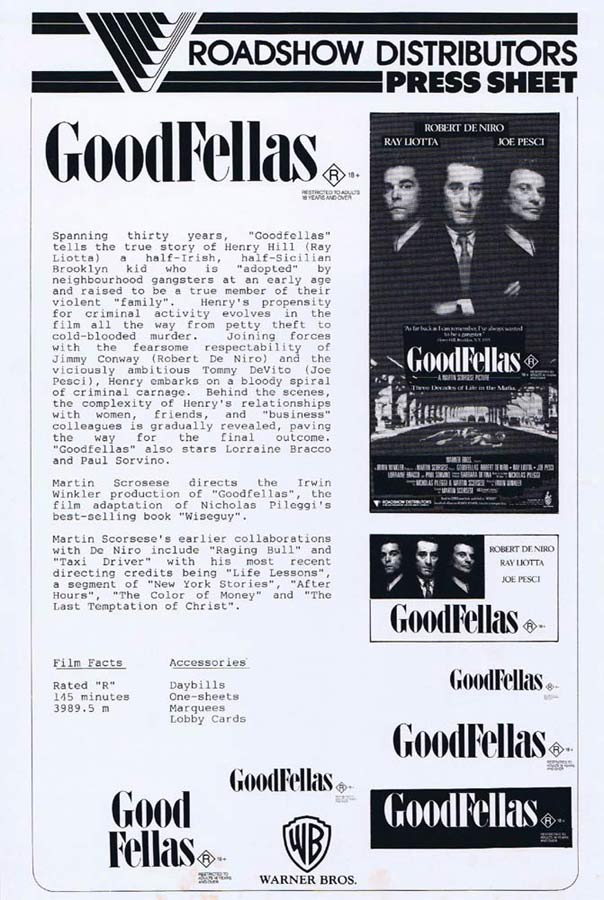 GOODFELLAS Rare AUSTRALIAN Movie Press Sheet Martin Scorsese