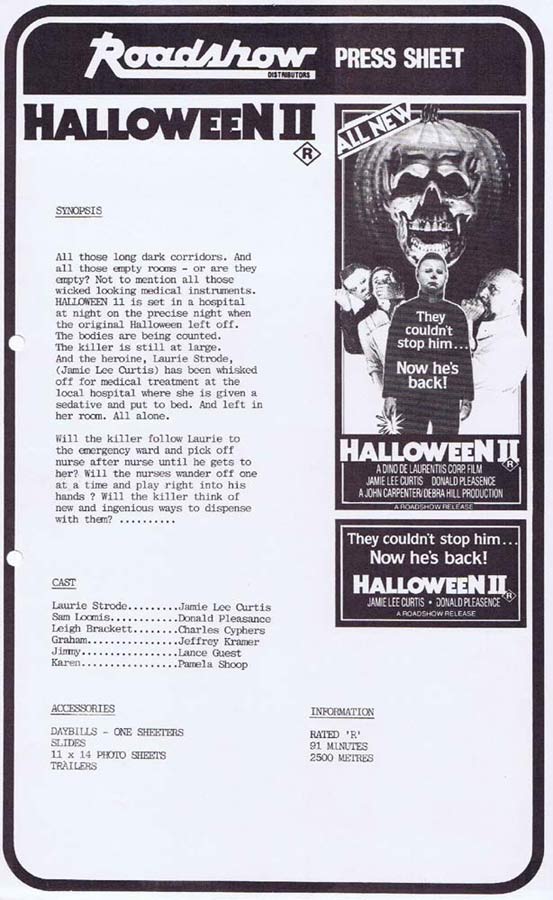 HALLOWEEN II Rare AUSTRALIAN Movie Press Sheet Jamie Lee Curtis