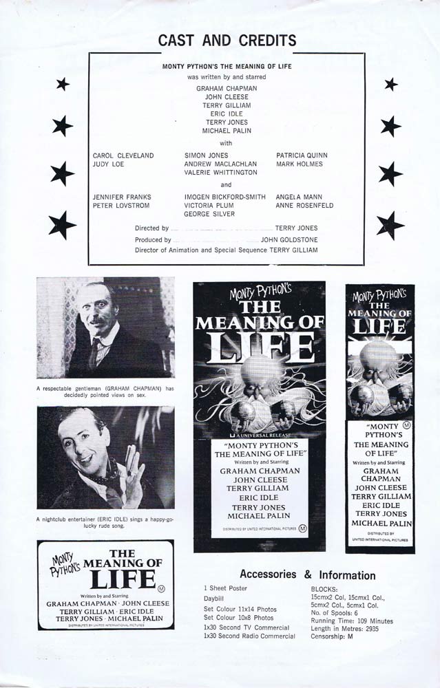 MONTY PYTHON’S THE MEANING OF LIFE Rare AUSTRALIAN Movie Press Sheet