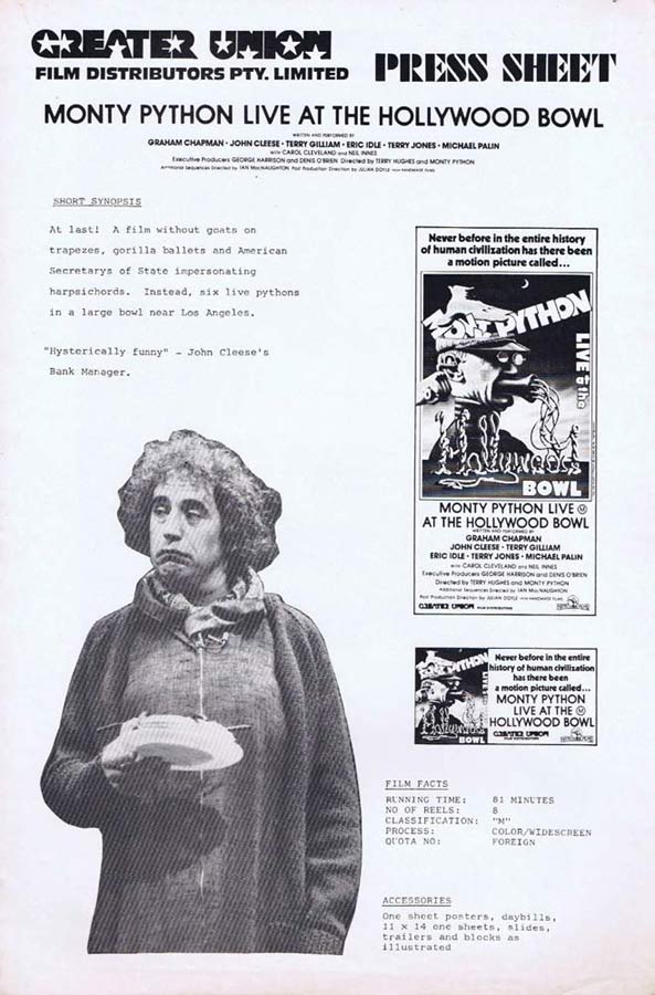 MONTY PYTHON LIVE AT THE HOLLYWOOD BOWL Rare AUSTRALIAN Movie Press Sheet Graham Chapman John Cleese