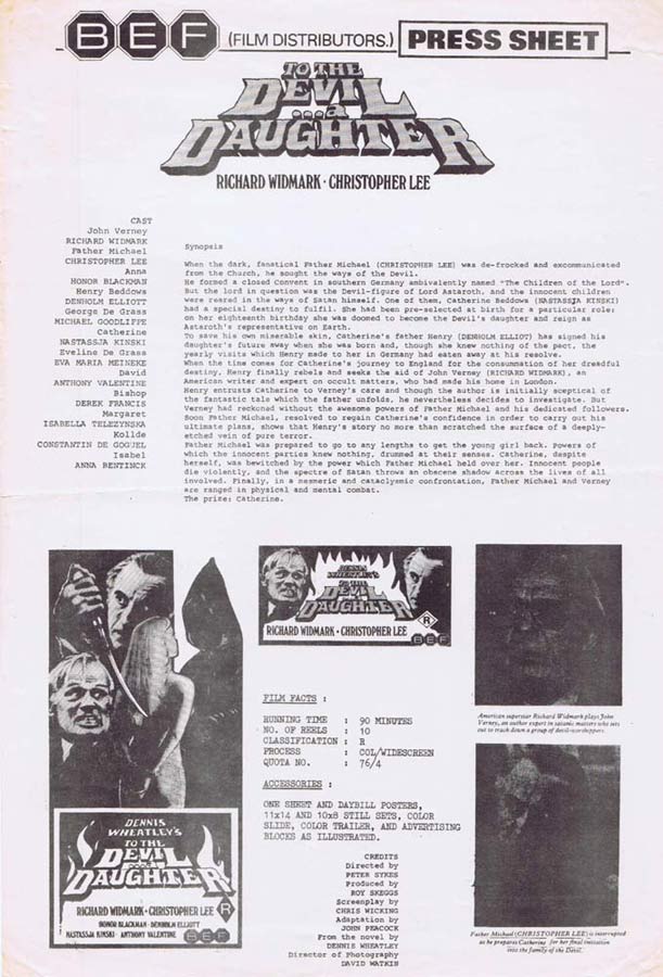 TO THE DEVIL A DAUGHTER Rare AUSTRALIAN Movie Press Sheet Christopher Lee