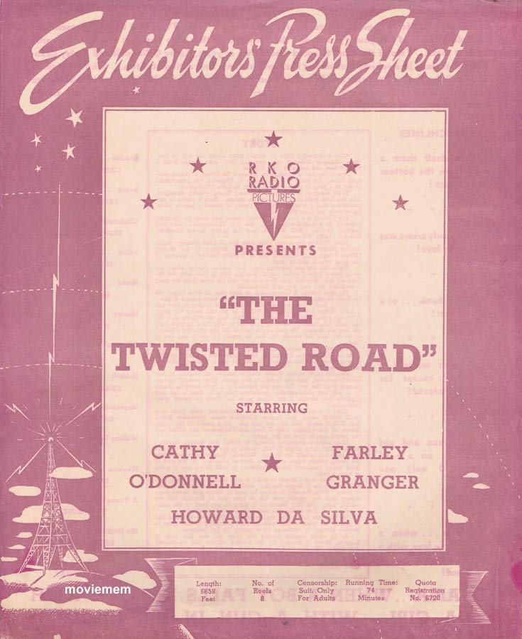 THE TWISTED ROAD Rare RKO AUSTRALIAN Movie Press Sheet Cathy O’Donnell Farley Granger