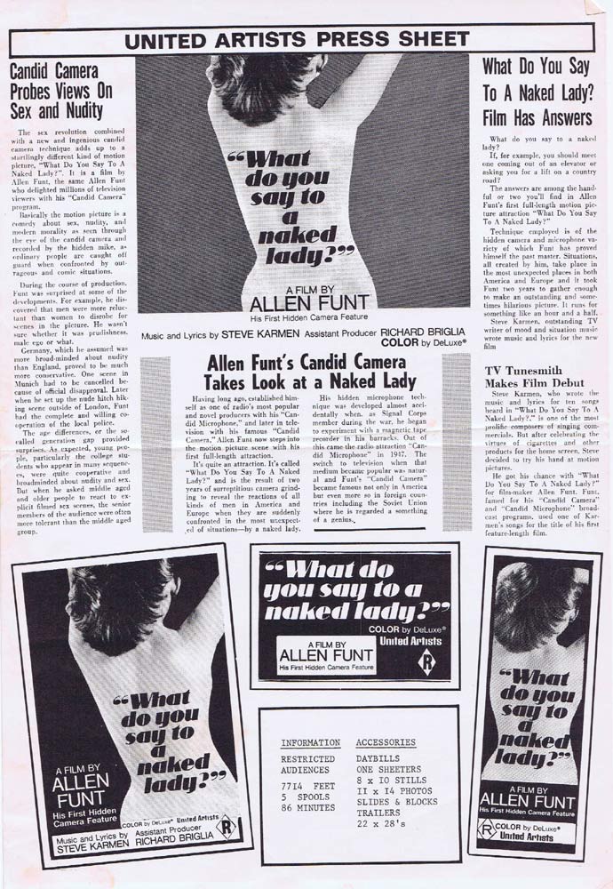 WHAT DO YOU SAY TO A NAKED LADY Rare AUSTRALIAN Movie Press Sheet Candid Camera