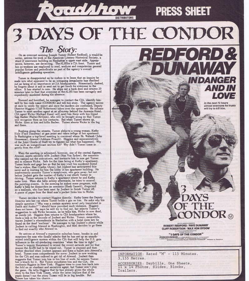 3 DAYS OF THE CONDOR Rare AUSTRALIAN Movie Press Sheet Robert Redford