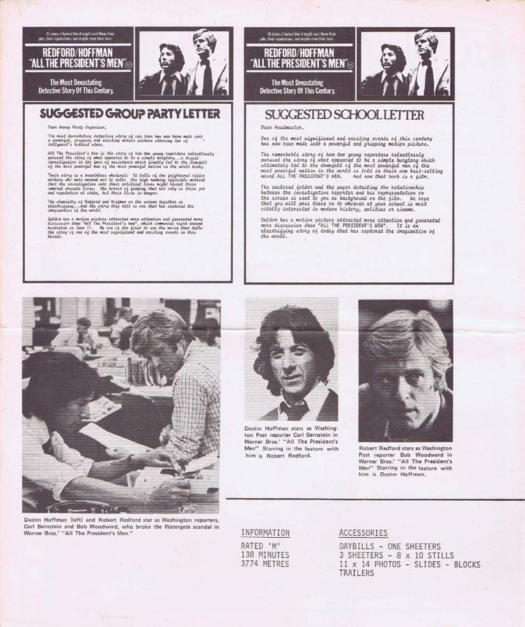 ALL THE PRESIDENTS MEN Rare AUSTRALIAN Movie Press Sheet Robert Redford Dustin Hoffman