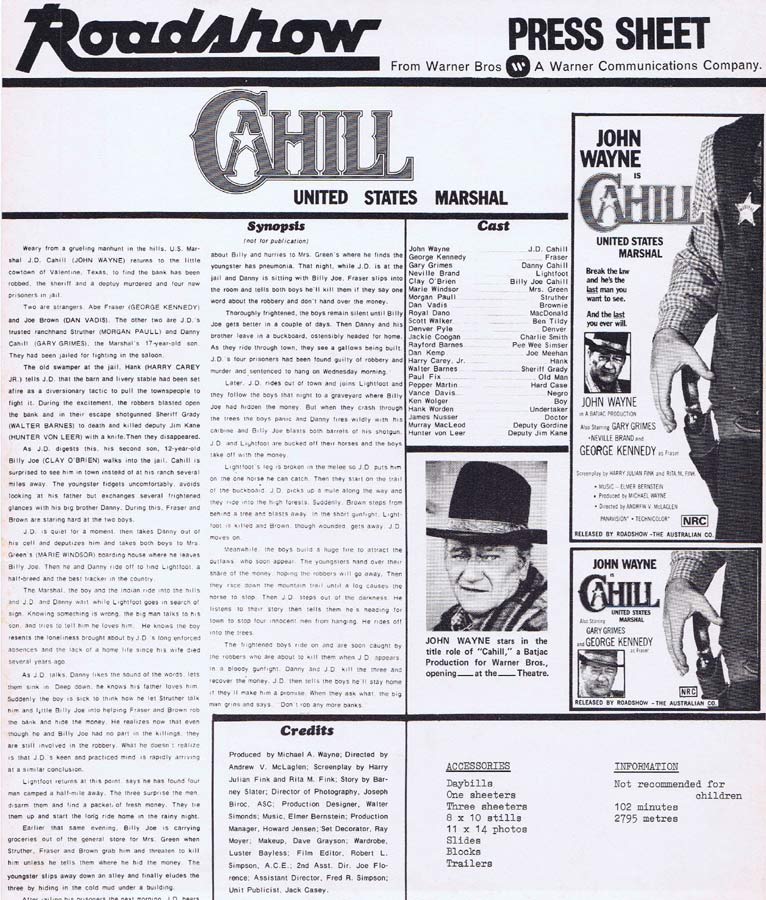CAHILL Rare AUSTRALIAN Movie Press Sheet John Wayne Gary Grimes