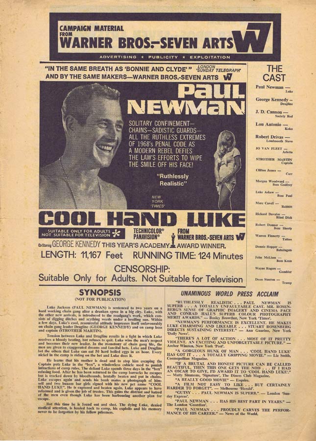 COOL HAND LUKE Rare AUSTRALIAN Movie Press Sheet Paul Newman