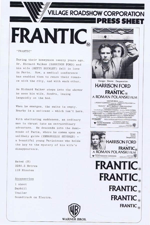 FRANTIC Rare AUSTRALIAN Movie Press Sheet Harrison Ford Betty Buckley