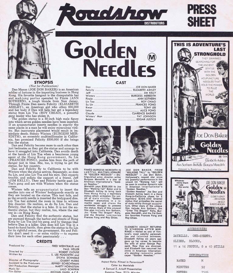 GOLDEN NEEDLES Rare AUSTRALIAN Movie Press Sheet Joe Don Baker Elizabeth Ashley